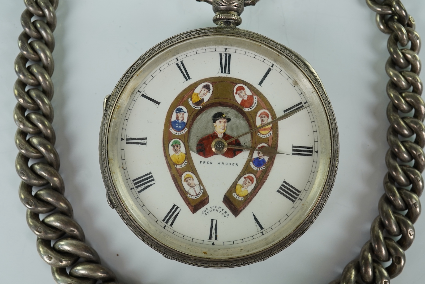 A late Victorian Horse Racing related engraved silver open faced keywind pocket watch, by J. Vickers, Leicester Road, Coventry, the enamelled dial with a signed painted bust of the jockey Fred Archer to the centre and fl